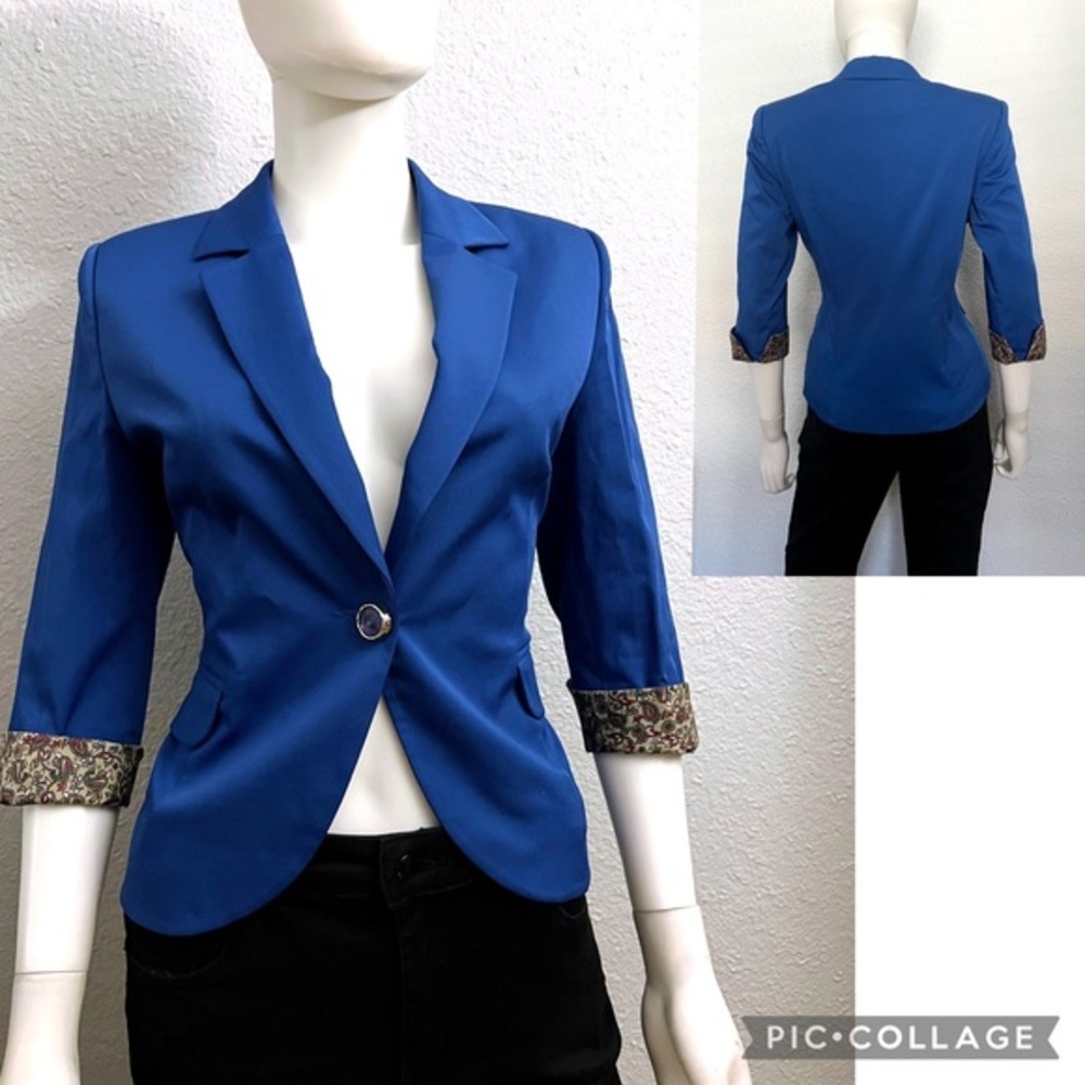 NEW WOMEN BLAZER 3/4 SLEEVES SINGLE-BUTTONED JACKET LINED ROYAL‎ BLUE